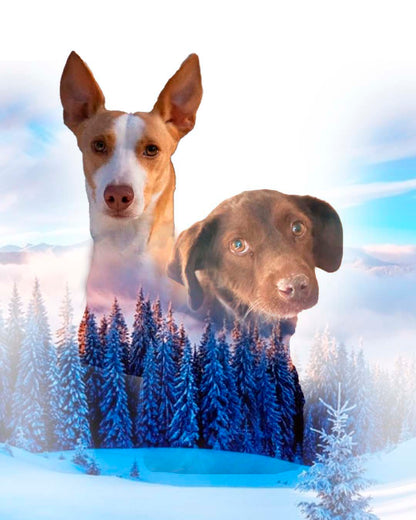Retrato digital de mascotas con un hermoso paisaje natural