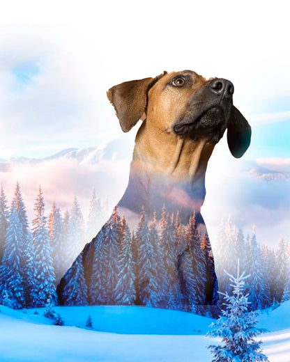 Retrato personalizado de mascota con fondo de paisaje de montaña