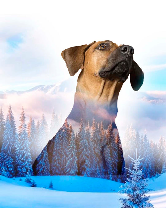 Retrato personalizado de mascota con fondo de paisaje de montaña