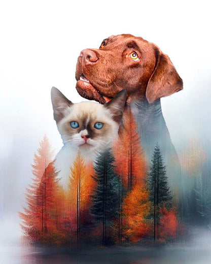 Retratos personalizados de mascotas con paisajes de fondo