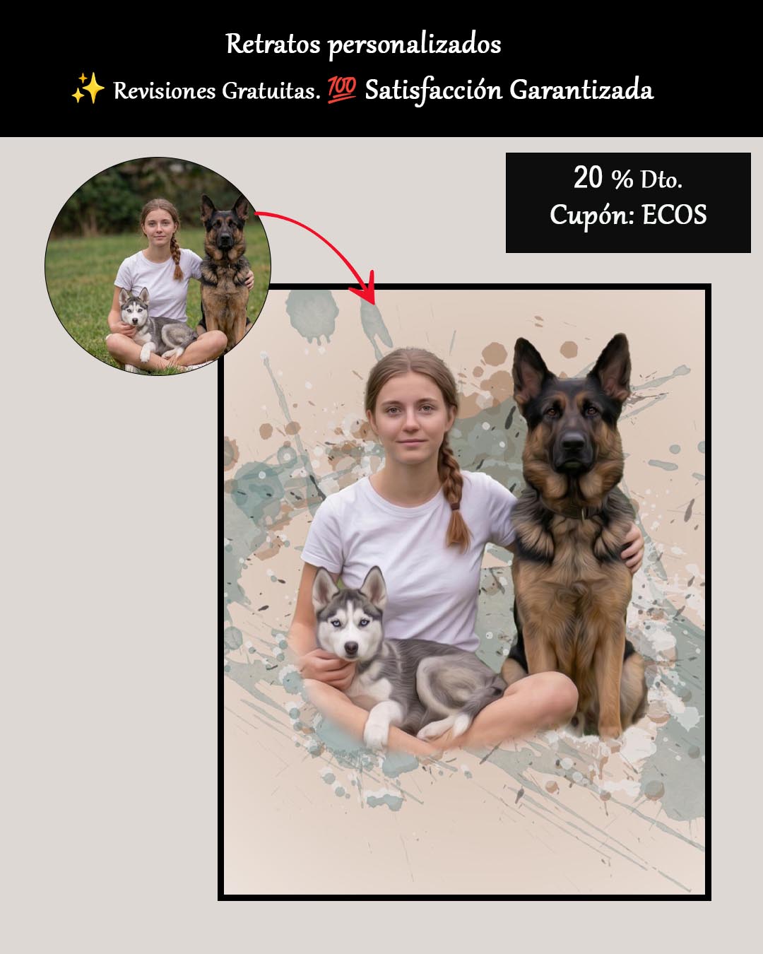 Retrato de mascotas, personas, parejas en acuarela