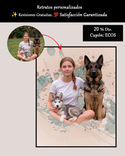 Retrato de mascotas, personas, parejas en acuarela